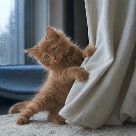 Kitten Norman hanging from a cream curtain with his tongue out.