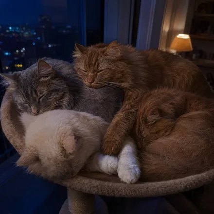 Four cats asleep in a hammock at night, Norman's chin resting on his gray brother's back.
