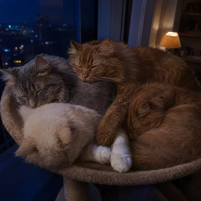 Chapter five: at night, Norman rests his chin on his gray brother's back in the hammock, one cinnamon paw overlapping the little white cat's paw, city lights glowing through the window.